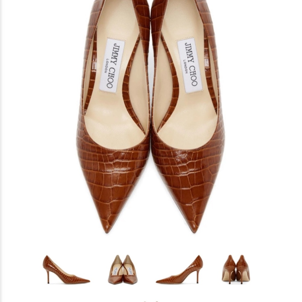Jimmy Choo Tan Croc-Embossed Heels - Picture 2 of 4
